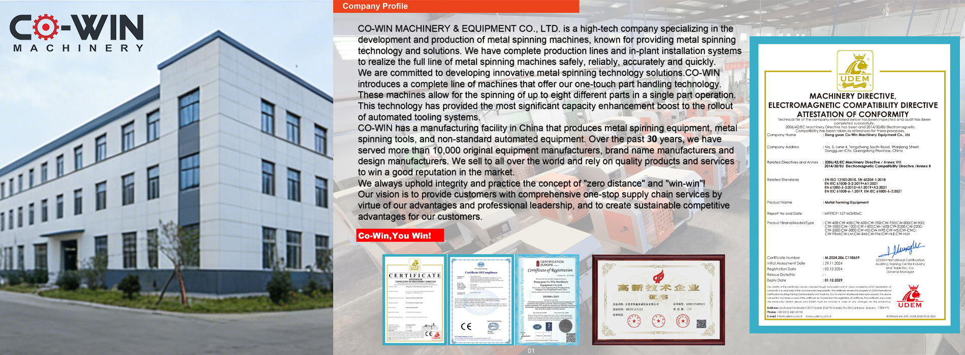 CO-WIN Machinery Company Profile - 30+ Years High-Tech Metal Spinning Machine Manufacturer | CE/UDEM Certified Factory, 10,000+ Global OEM Clients & One-Stop Metal Processing Solutions